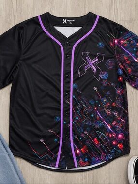 Excision Nexus XL Baseball Jersey EDM Rave Festival Neon Graphic Button Up